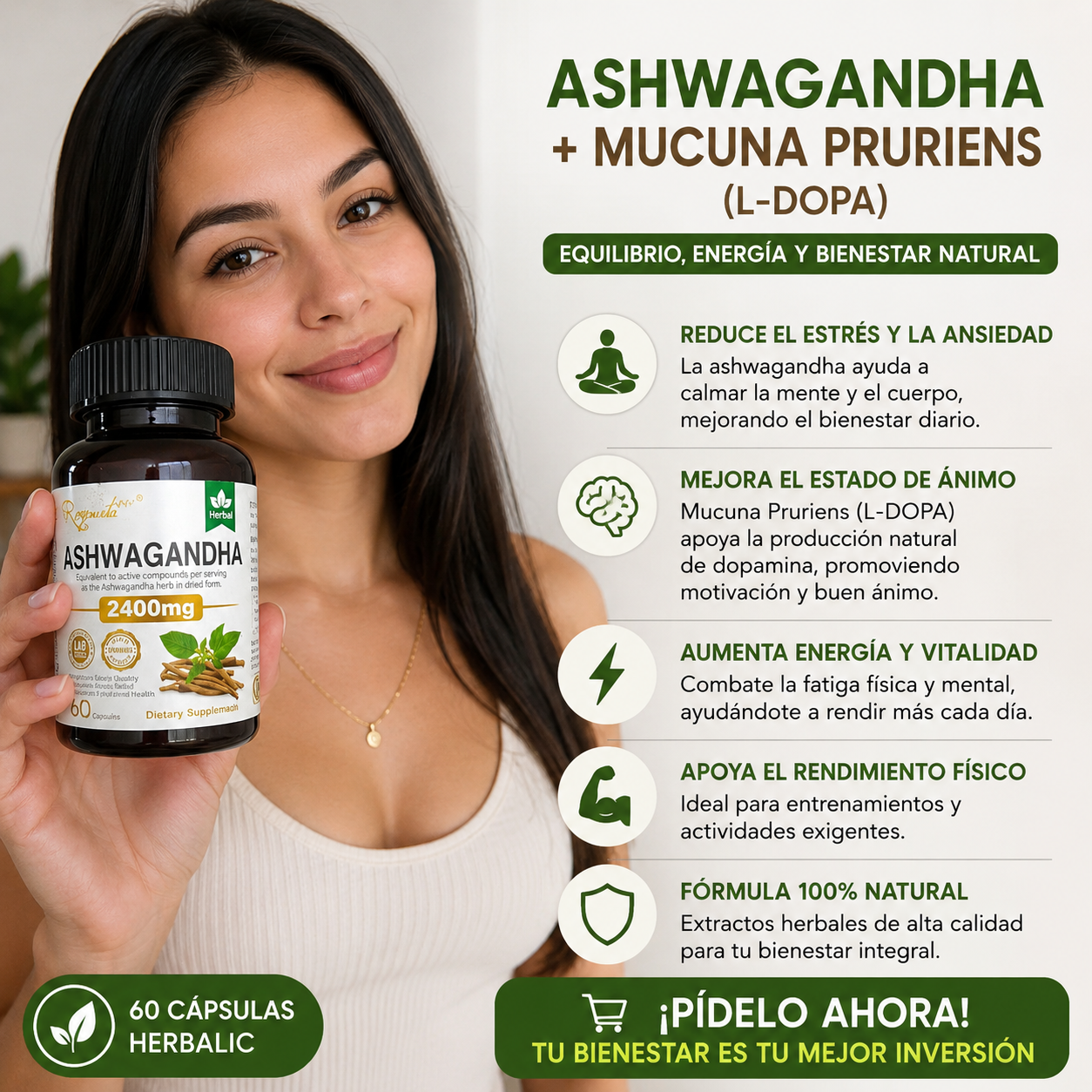 ASHWAGANDHA + MUCUNA PRURIENS (L-DOPA) 60 cápsulas herbalic SOLO POR ESTE MES 2X1