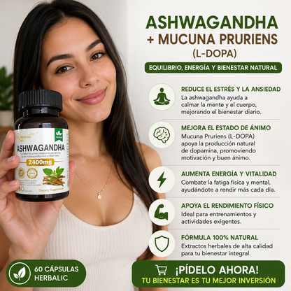 ASHWAGANDHA + MUCUNA PRURIENS (L-DOPA) 60 cápsulas herbalic SOLO POR ESTE MES 2X1