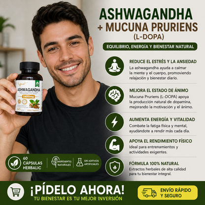ASHWAGANDHA + MUCUNA PRURIENS (L-DOPA) 60 cápsulas herbalic SOLO POR ESTE MES 2X1