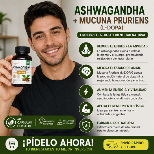 ASHWAGANDHA + MUCUNA PRURIENS (L-DOPA) 60 cápsulas herbalic SOLO POR ESTE MES 2X1