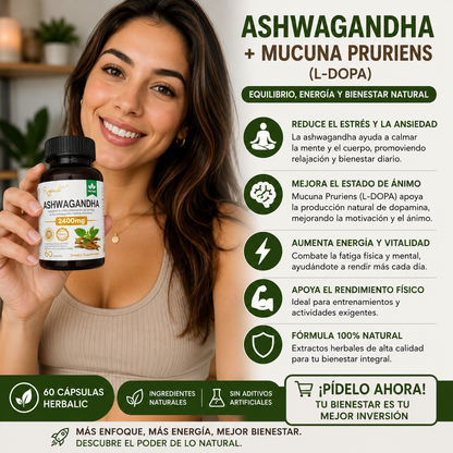 ASHWAGANDHA + MUCUNA PRURIENS (L-DOPA) 60 cápsulas herbalic SOLO POR ESTE MES 2X1