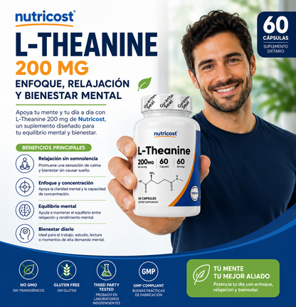 🍃 NUTRICOST L-THEANINE 200 MG | Enfoque, Relajación y Bienestar Mental/SOLO POR ESTE MES 2X1