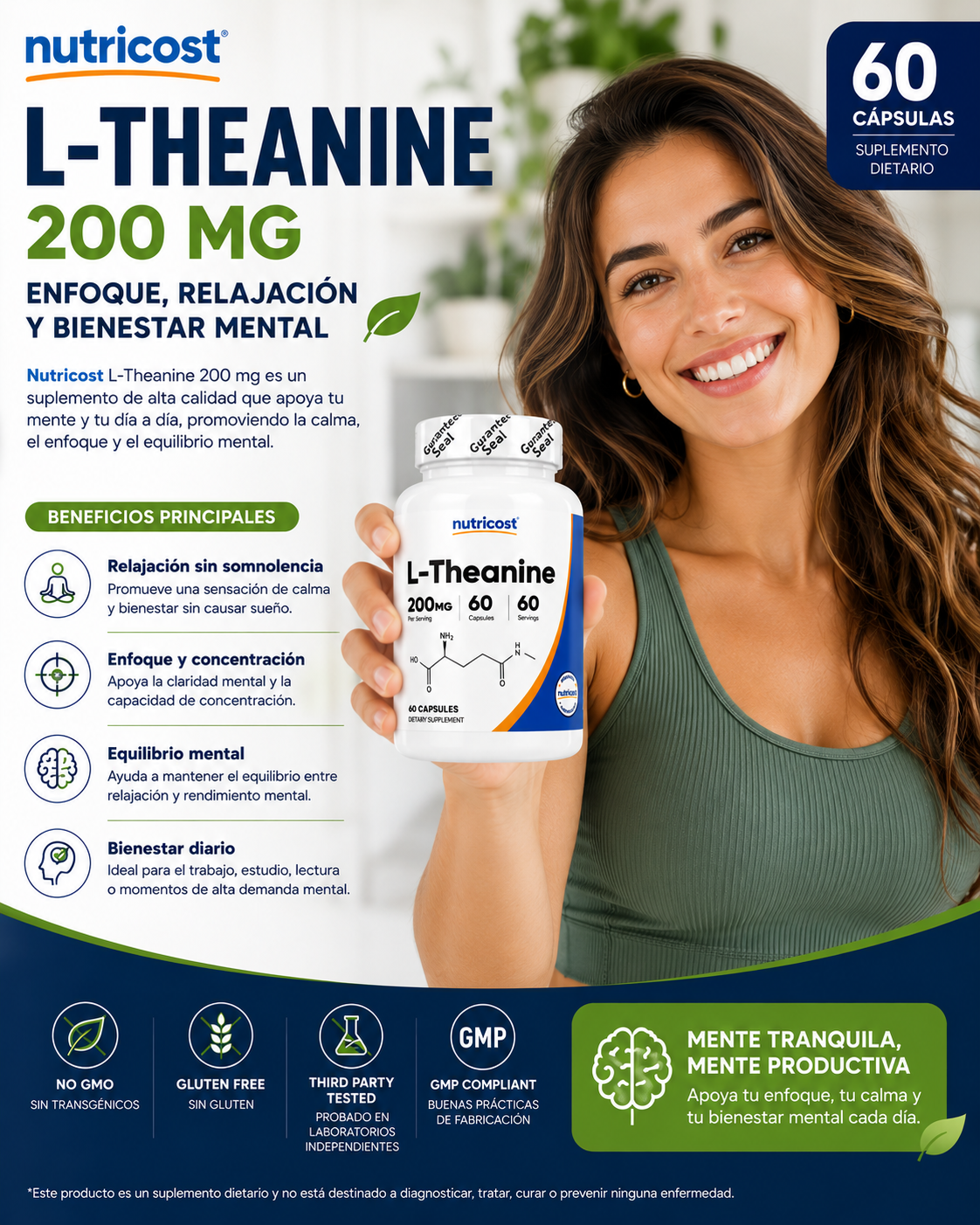 🍃 NUTRICOST L-THEANINE 200 MG | Enfoque, Relajación y Bienestar Mental/SOLO POR ESTE MES 2X1